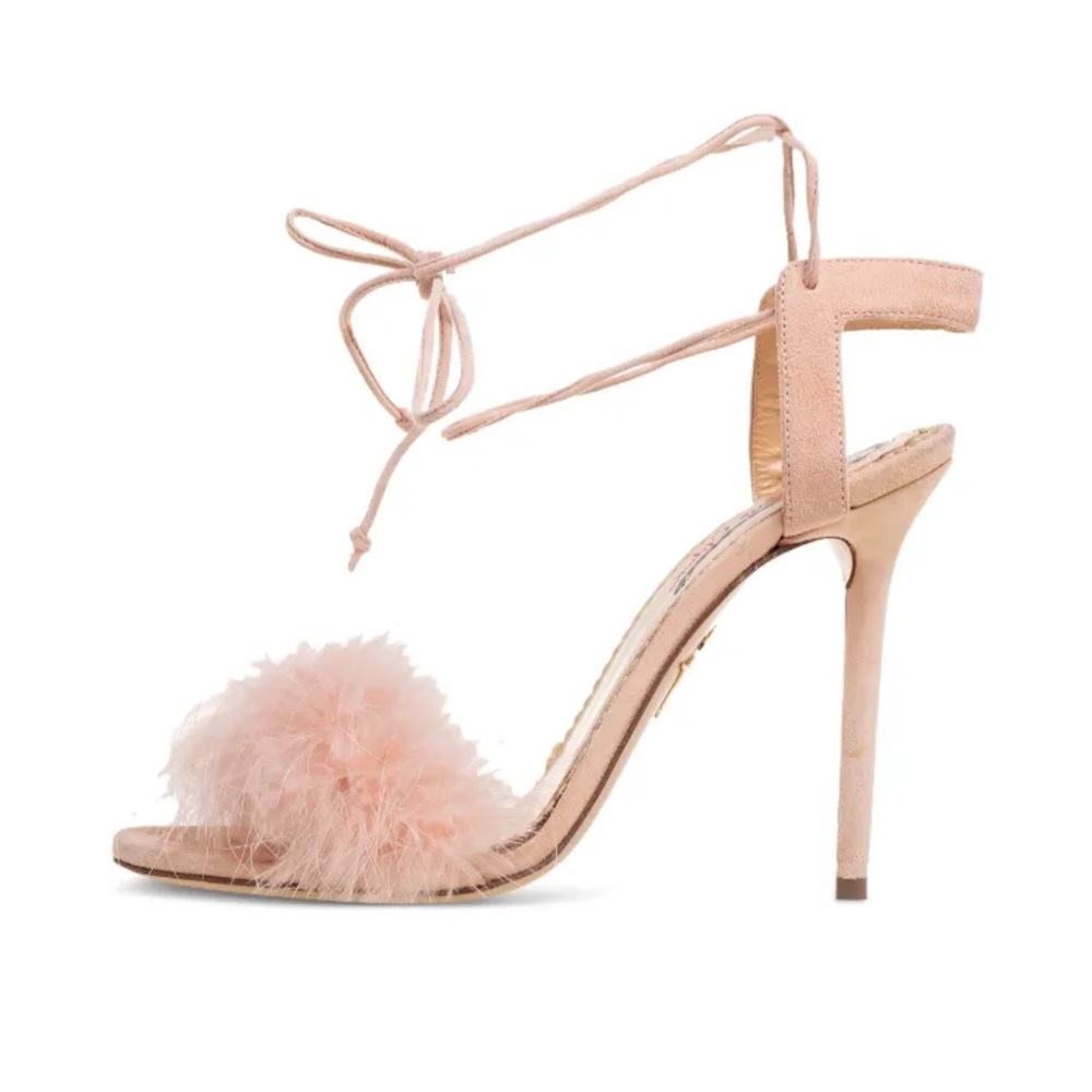 Charlotte Olympia Salsa 110 Blush Suede and Feather Heels